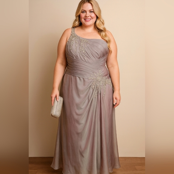 One-Shoulder Taupe Dress. Comes With a Jacket. Rhinestone Detail. Size 22 - Picture 3 of 11